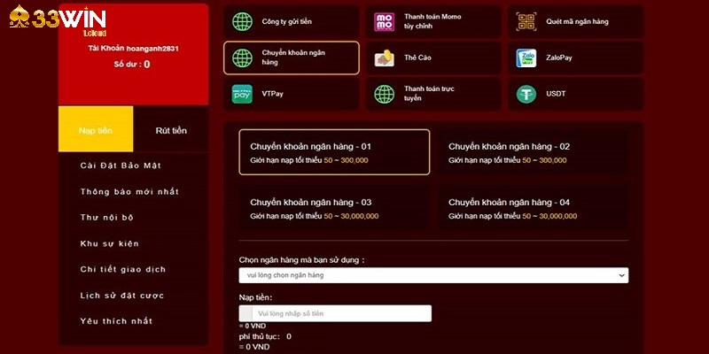 Nên chọn kênh giao dịch phù hợp khi nạp tiền 33WIN